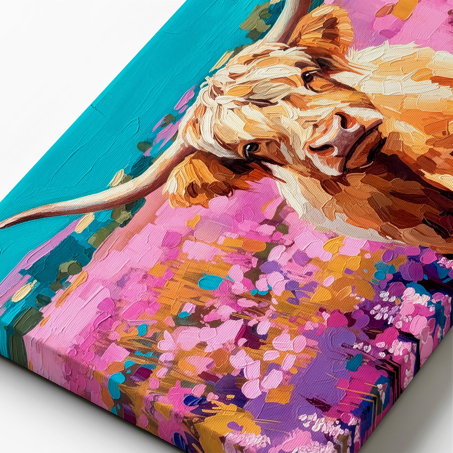 Detailed view of Highland cow canvas print showing rich texture and expressive brush strokes in vibrant colors