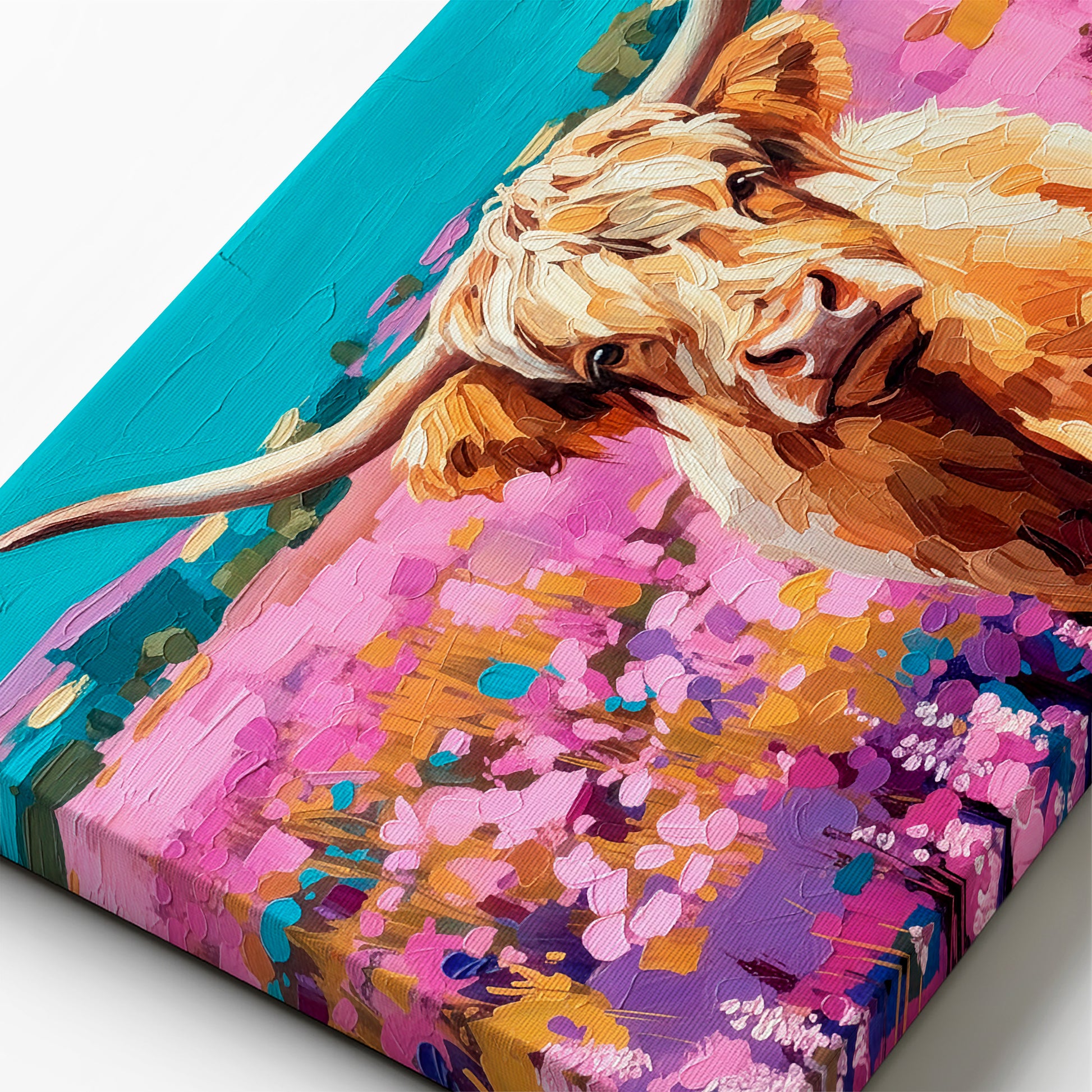 Detailed view of Highland cow canvas print showing rich texture and expressive brush strokes in vibrant colors