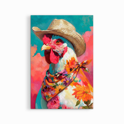 Canvas print of a colorful western chicken painting wearing a cowboy hat on a clean background