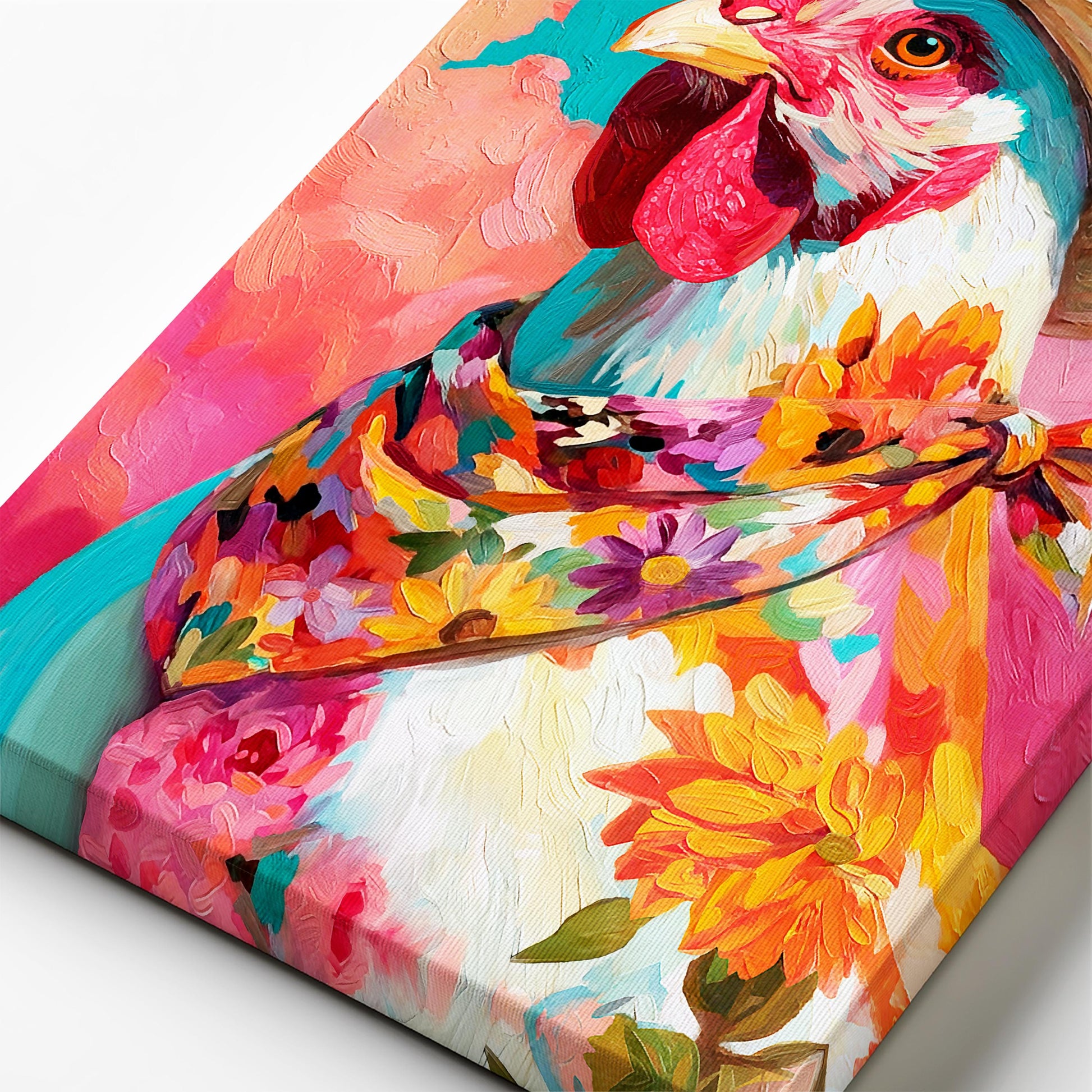 Close-up of canvas texture showing brushstroke detail in a colorful western chicken painting