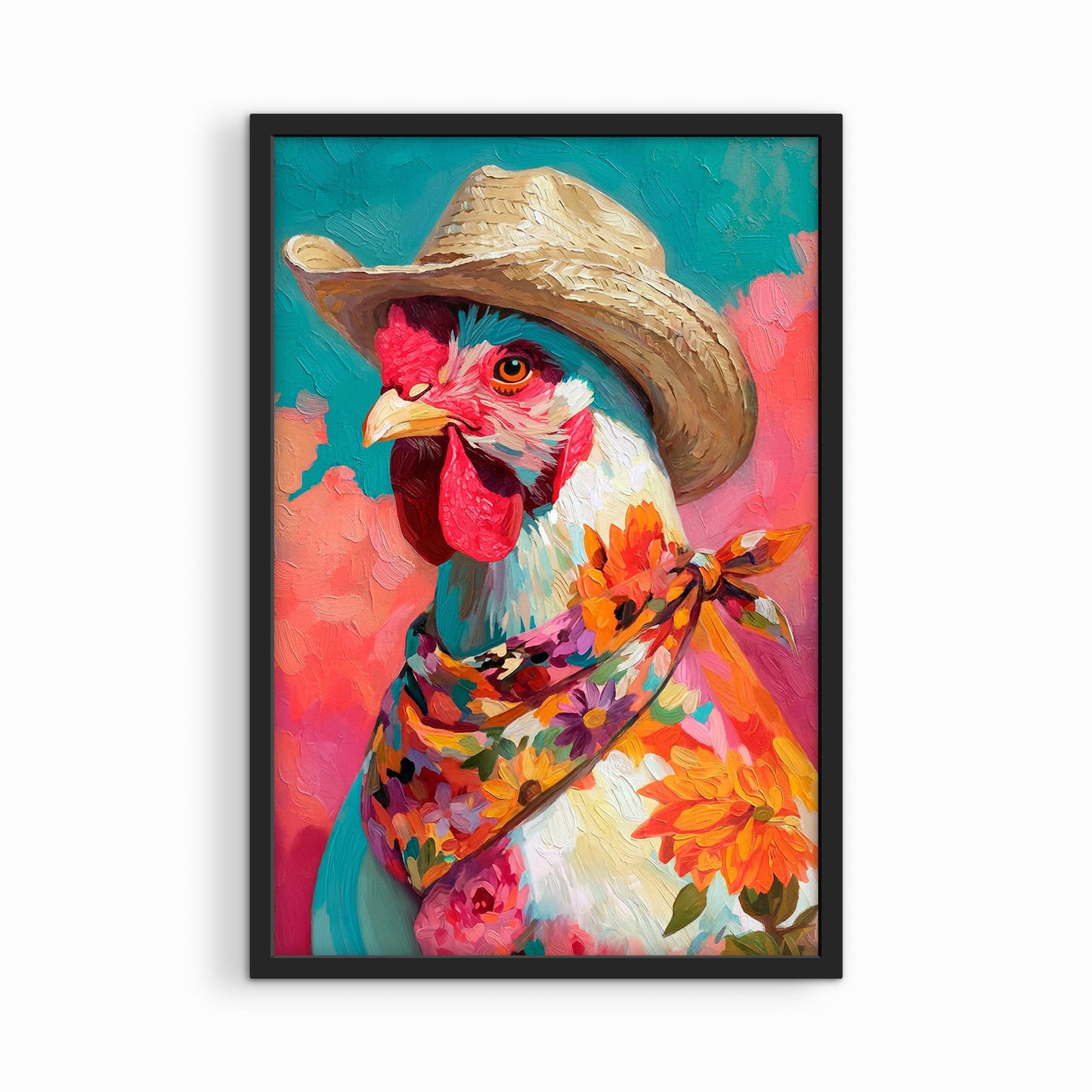 Western chicken wall art in a black frame featuring a bold colorful rooster with cowgirl style flair
