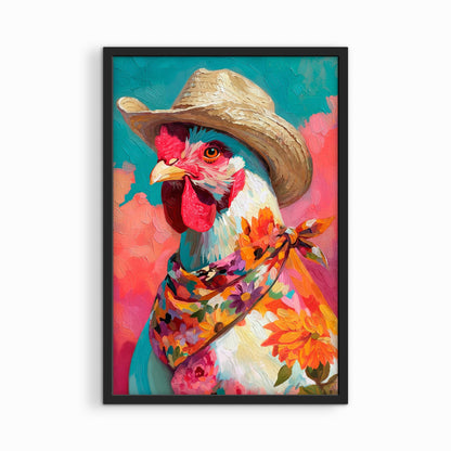 Western chicken wall art in a black frame featuring a bold colorful rooster with cowgirl style flair