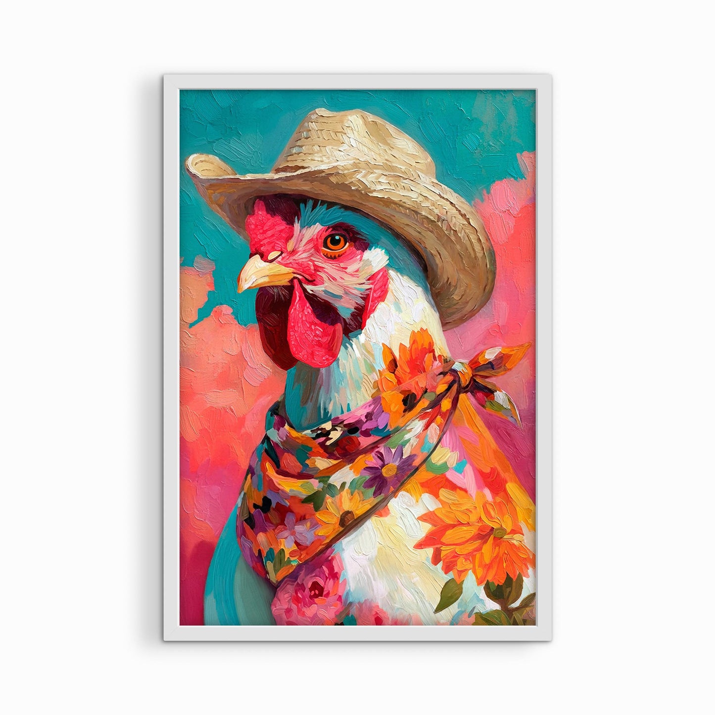 Framed western chicken wall art in a natural wood frame featuring a colorful chicken in a cowboy hat