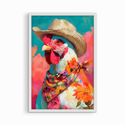 Framed western chicken wall art in a natural wood frame featuring a colorful chicken in a cowboy hat