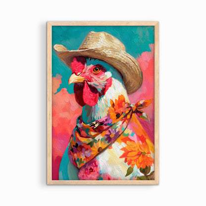Framed western rooster wall art in a natural wood frame featuring a colorful chicken in a cowboy hat