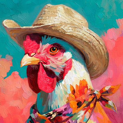 Colorful western chicken painting featuring a rooster in a cowboy hat with bold pink and turquoise tones