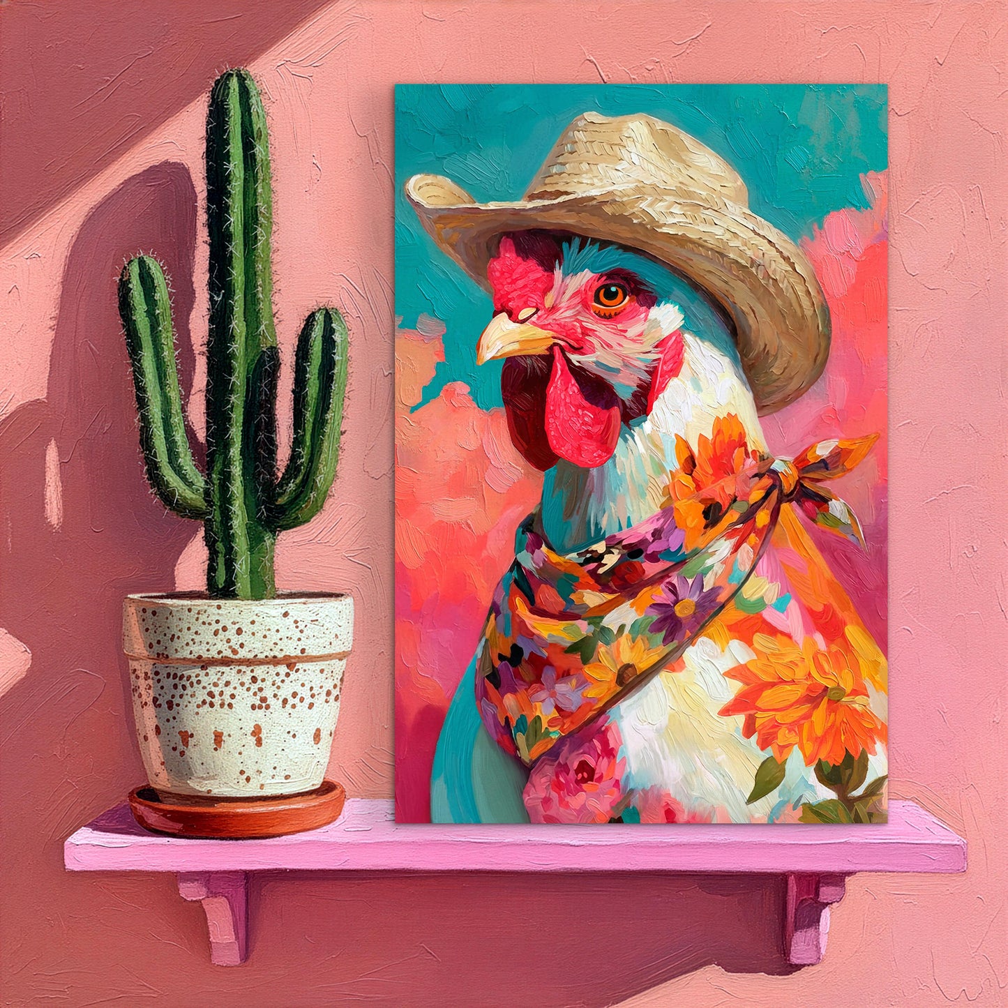 Western chicken wall art styled on a shelf with cactus decor in a bright southwestern home setting
