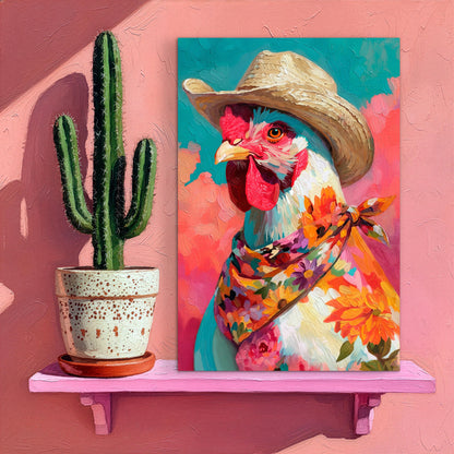 Western chicken wall art styled on a shelf with cactus decor in a bright southwestern home setting