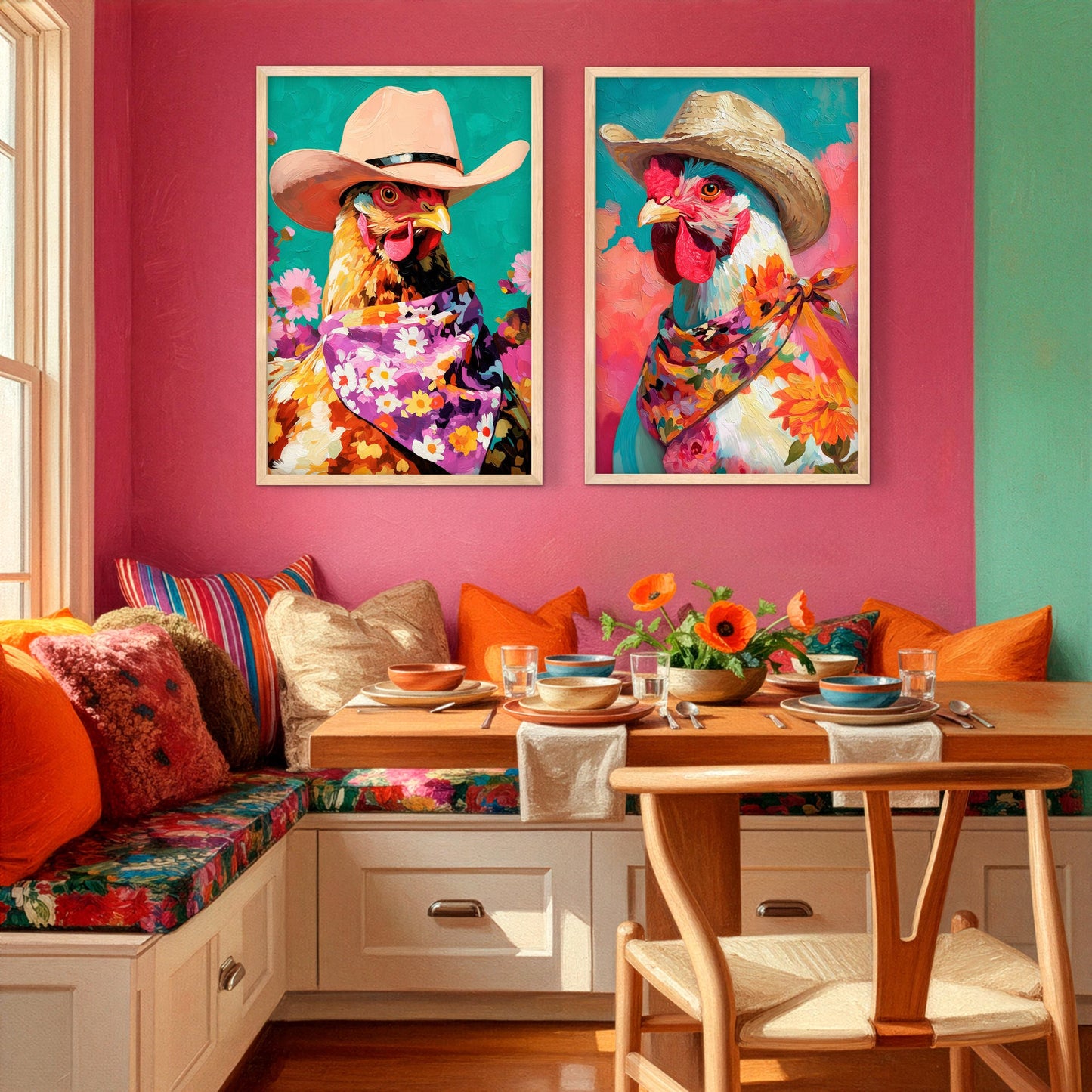 Colorful chicken wall art set styled in a cozy farmhouse dining space with vibrant western decor