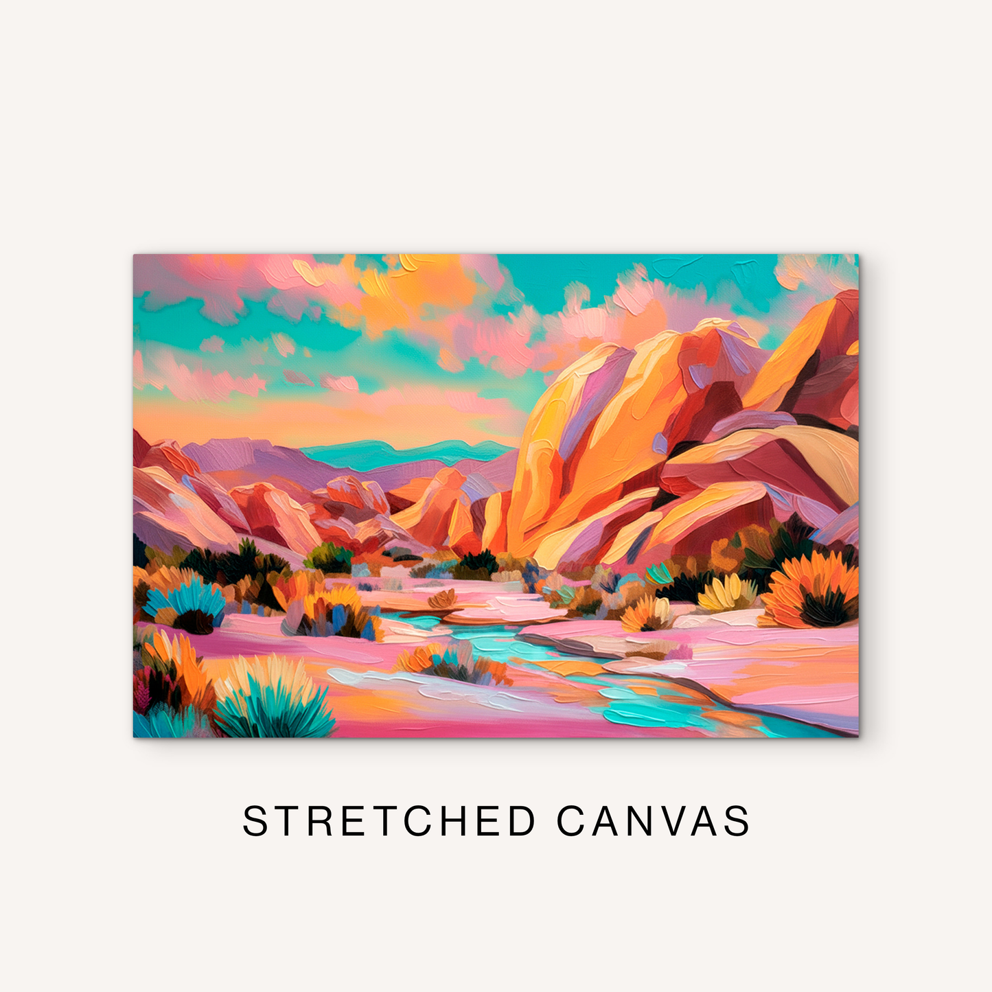 Horizontal desert canvas art with bright western mountain scenery, colorful canyon rocks, turquoise stream, and pink sunset sky.