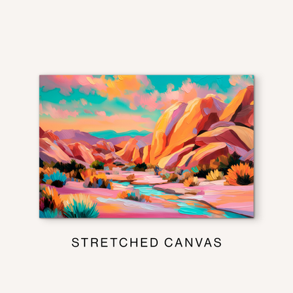 Horizontal desert canvas art with bright western mountain scenery, colorful canyon rocks, turquoise stream, and pink sunset sky.