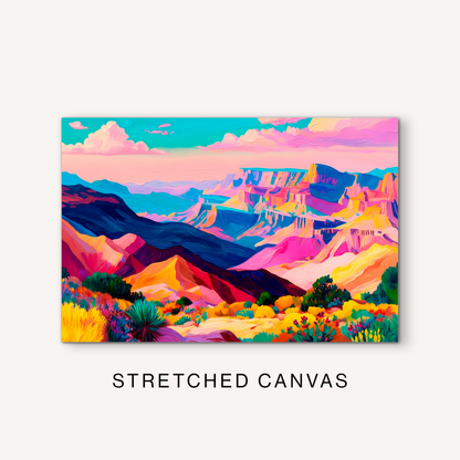 Horizontal Grand Canyon canvas art with bright western desert colors, layered canyon views, turquoise sky, and colorful southwest scenery.