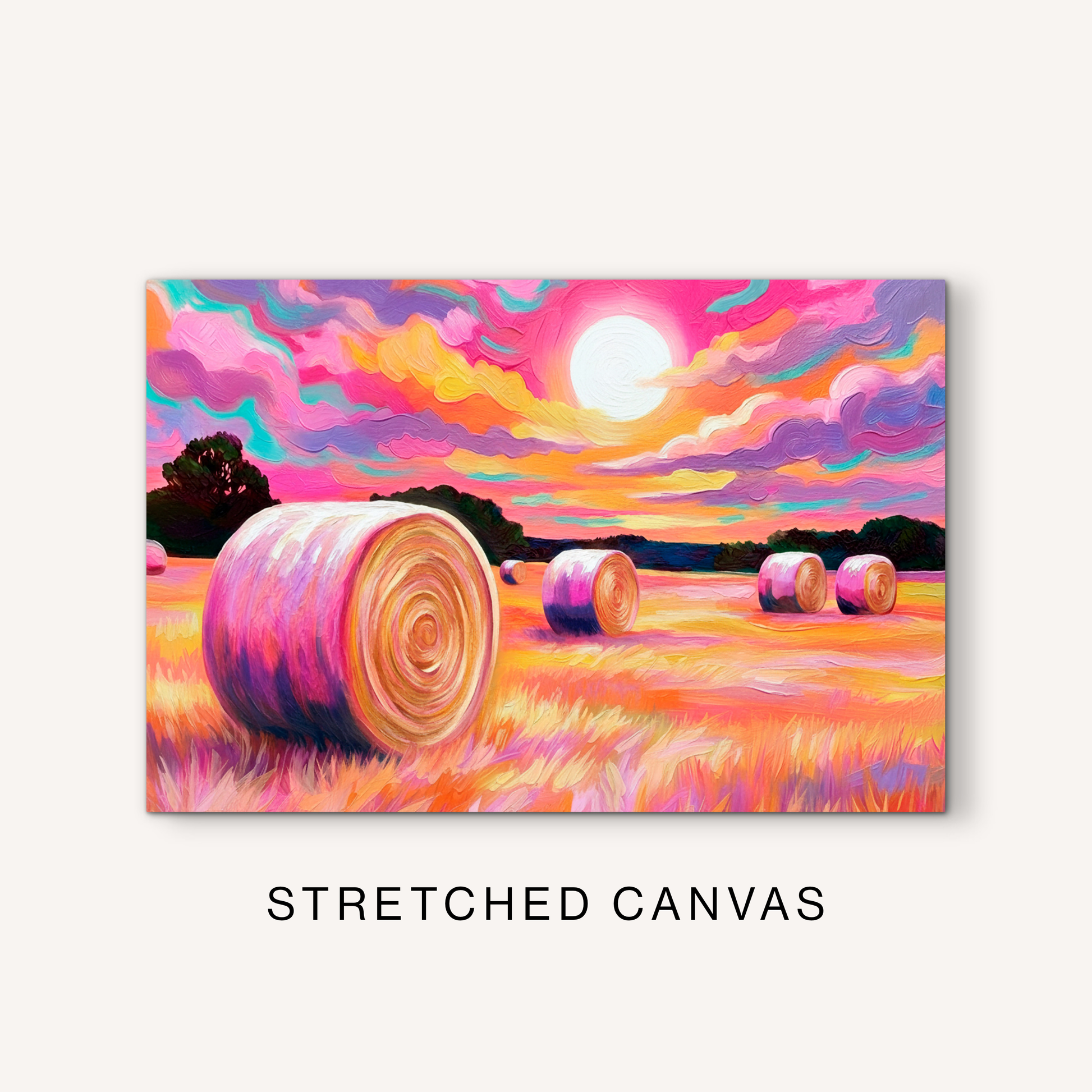 Horizontal hay field canvas art with bright western farmhouse style, colorful hay bales, golden pasture, and dramatic pink sunset sky.