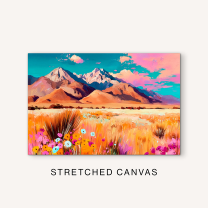 Horizontal mountain canvas art with a bright western prairie landscape, colorful flowers, golden field, and bold southwest mountain view.