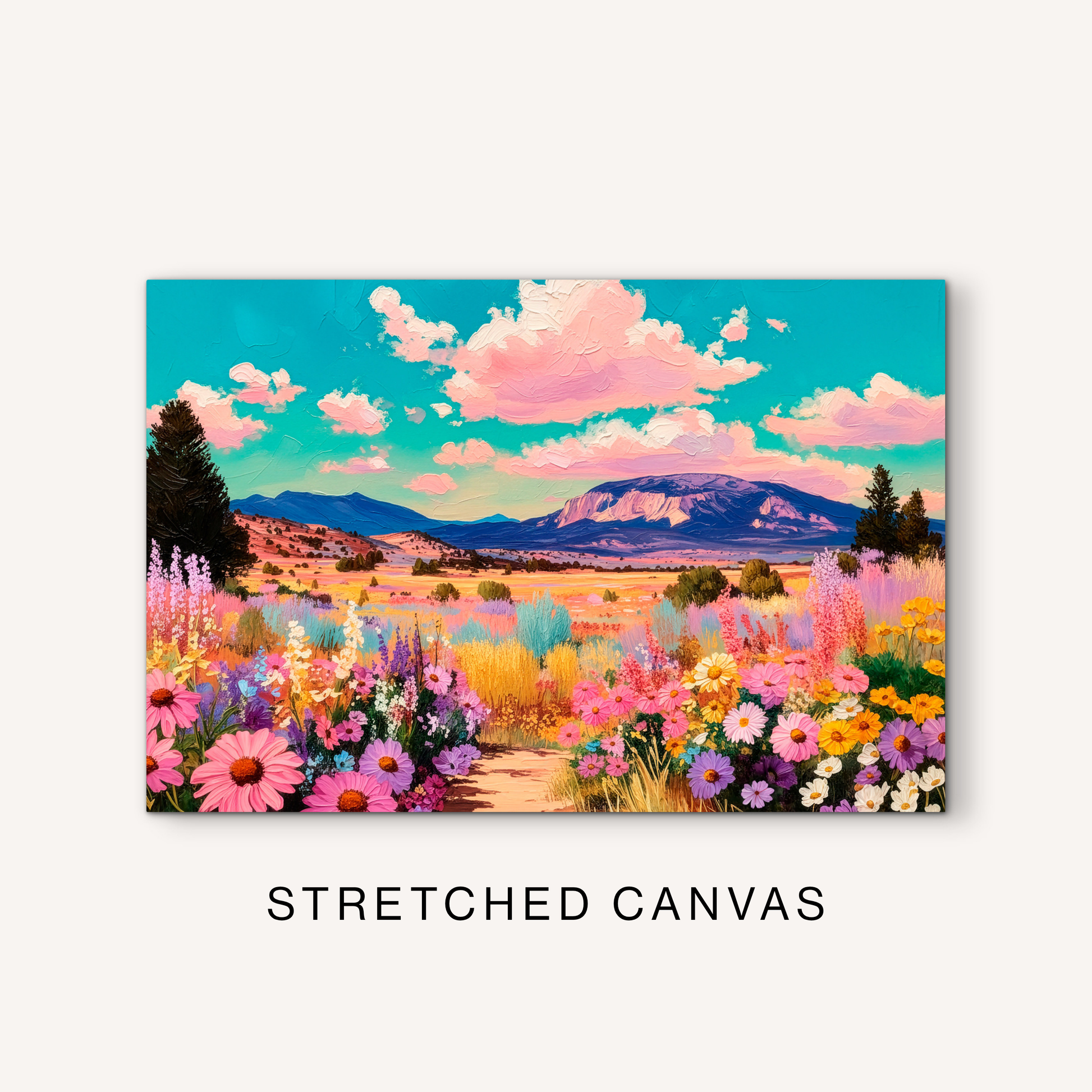 Horizontal wildflower canvas art with a bright western landscape, colorful flowers, open meadow, turquoise sky, and mountain view.