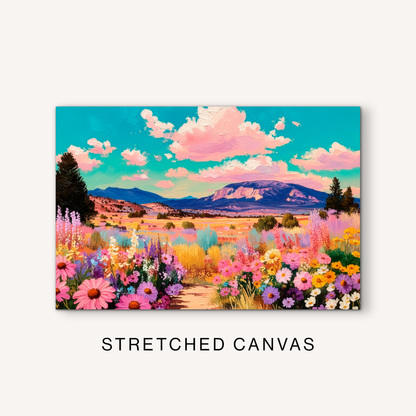 Horizontal wildflower canvas art with a bright western landscape, colorful flowers, open meadow, turquoise sky, and mountain view.