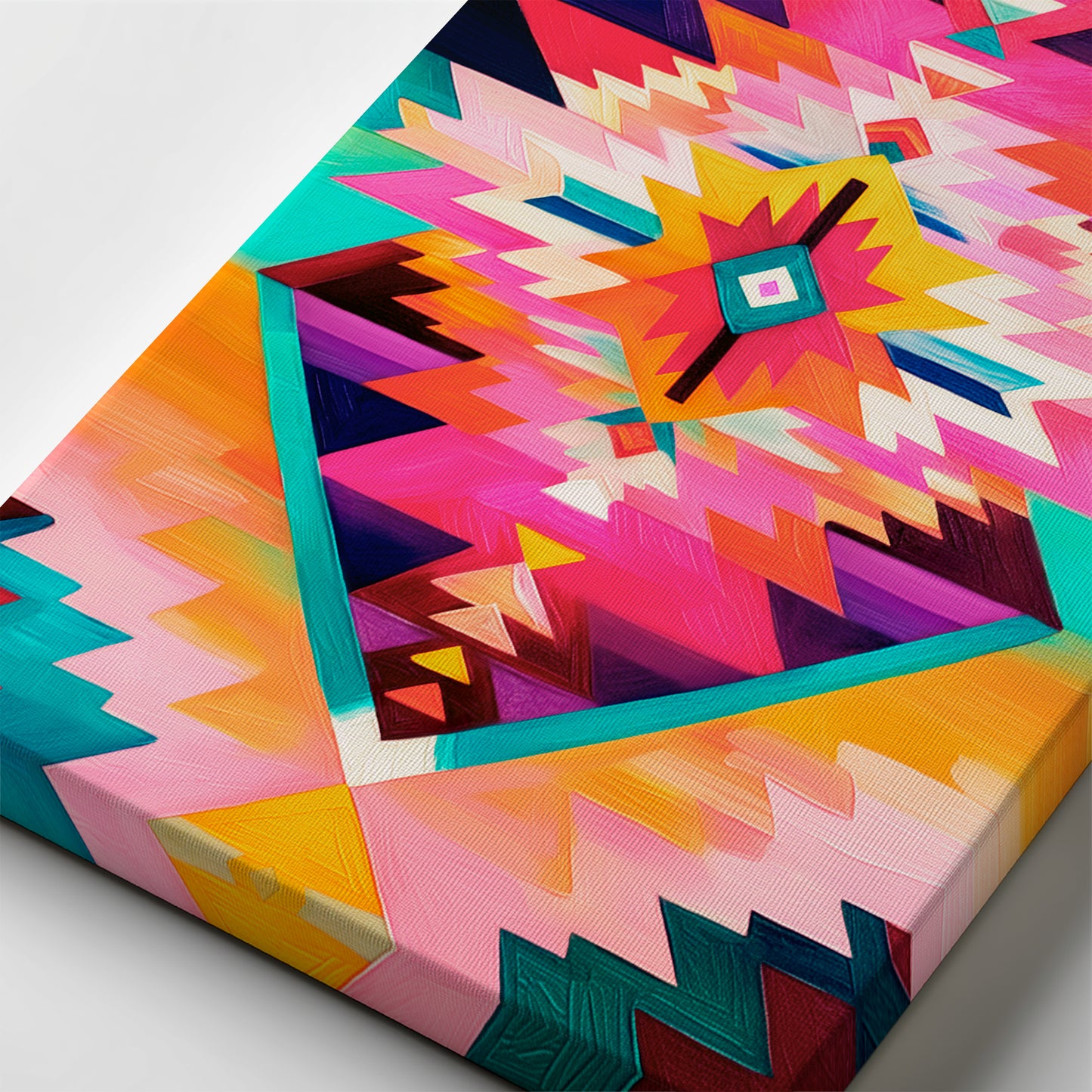 Close up of colorful abstract geometric wall art printed on textured canvas