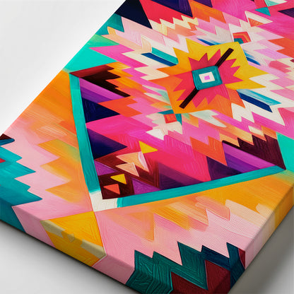 Close up of colorful abstract geometric wall art printed on textured canvas