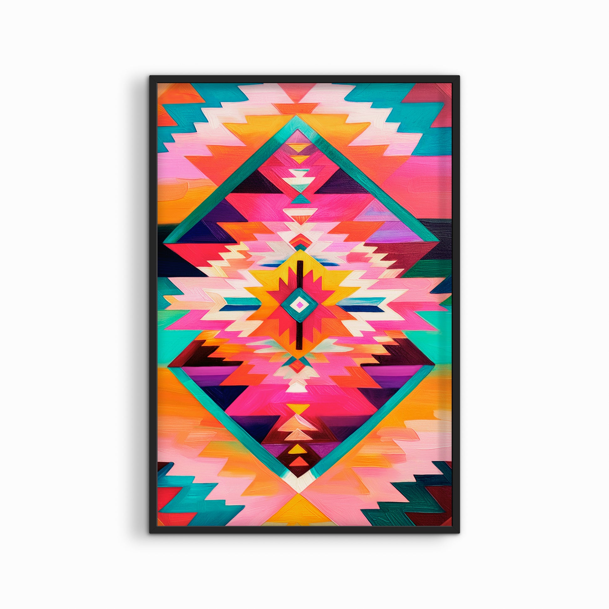 Colorful abstract geometric wall art in thin black frame on white background