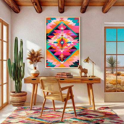 Abstract geometric wall art print styled in warm southwestern home office with wood furniture