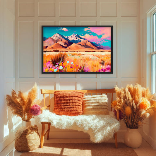 Western mountain landscape wall art above wooden bench with neutral decor and pampas grass in warm sunlit room