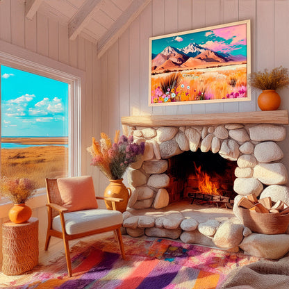 Colorful western landscape painting displayed above stone fireplace in cozy living room with warm natural tones