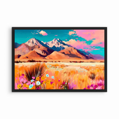 Bold western landscape wall art in black frame featuring mountains, desert grasses, and vibrant sky