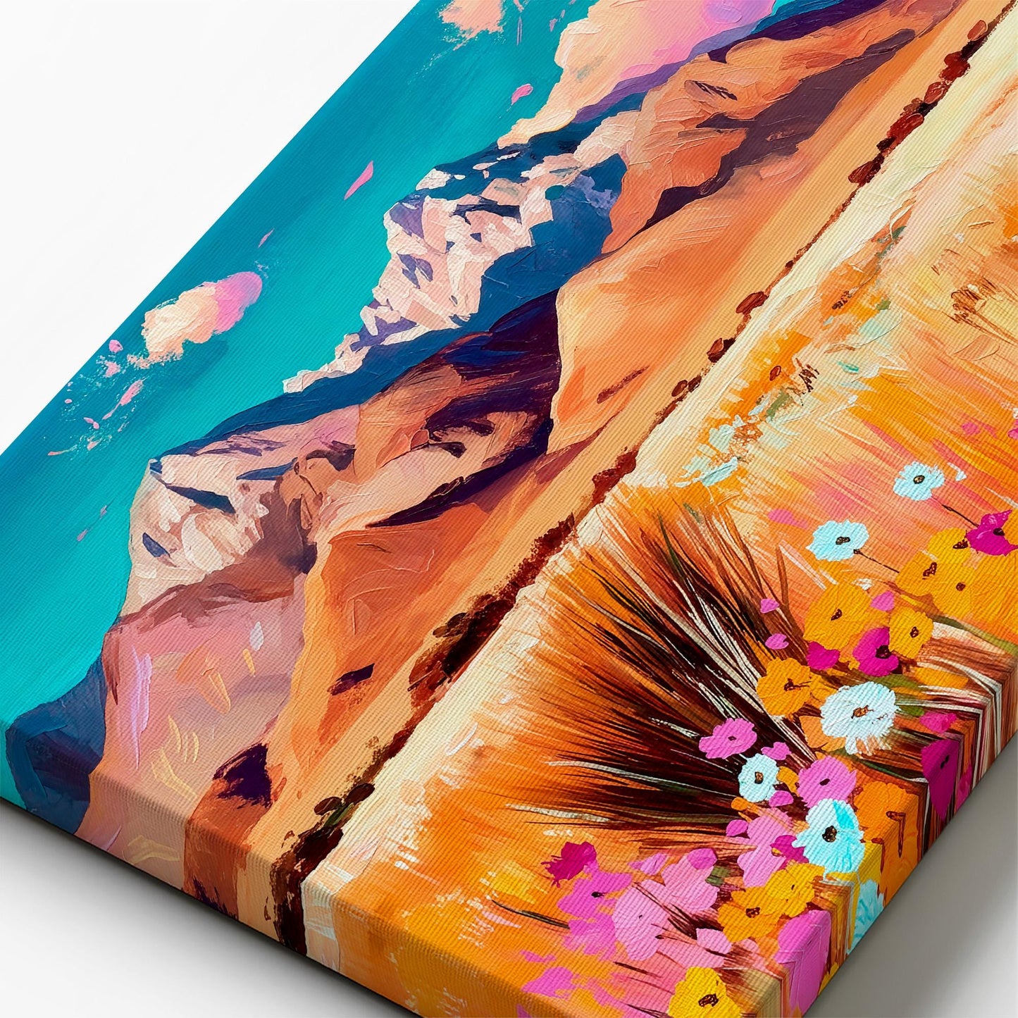 Close-up of textured canvas showing thick brushstrokes in colorful western mountain landscape artwork