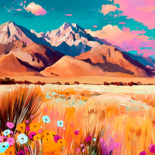 Colorful western mountain landscape art print with wildflowers, desert grasses, and glowing sky in bold textured acrylic style