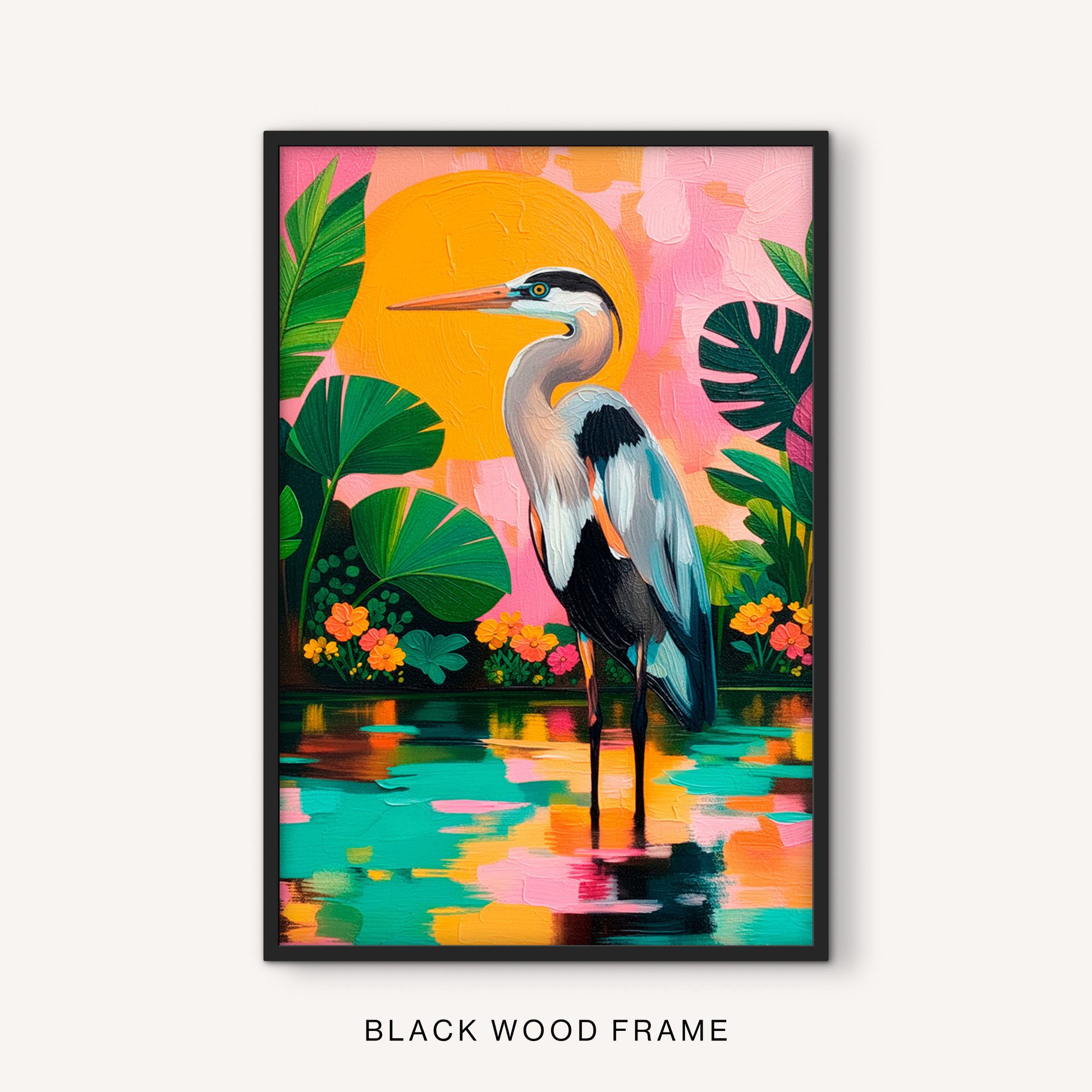 Maximalist bird wall art with a blue heron, tropical foliage and vibrant color in a black frame