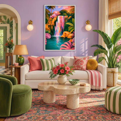 Vibrant jungle waterfall wall art displayed in a colorful living room with pink, green and eclectic decor