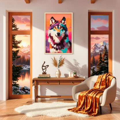 Vibrant wolf wall art in a modern rustic interior with mountain views, neutral furniture, and warm natural light