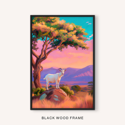 Modern western animal art featuring a white goat in a vibrant landscape displayed in a black wood frame