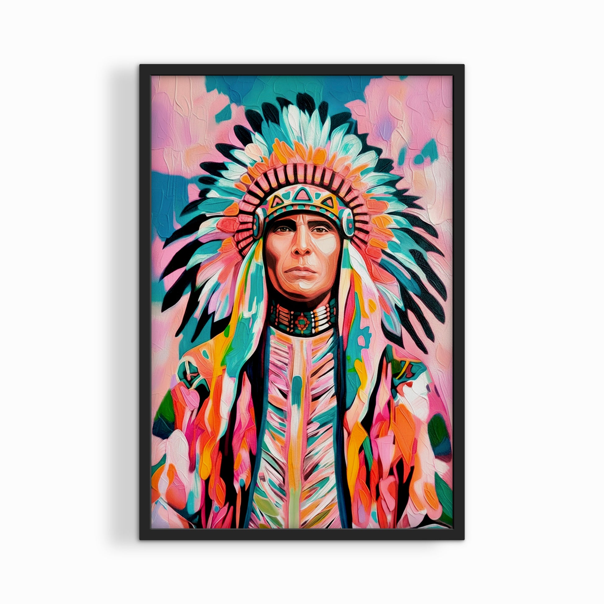 Native American chief print in black frame featuring vibrant colors and detailed feather headdress, statement wall art