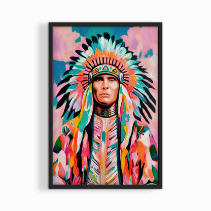 Native American chief print in black frame featuring vibrant colors and detailed feather headdress, statement wall art