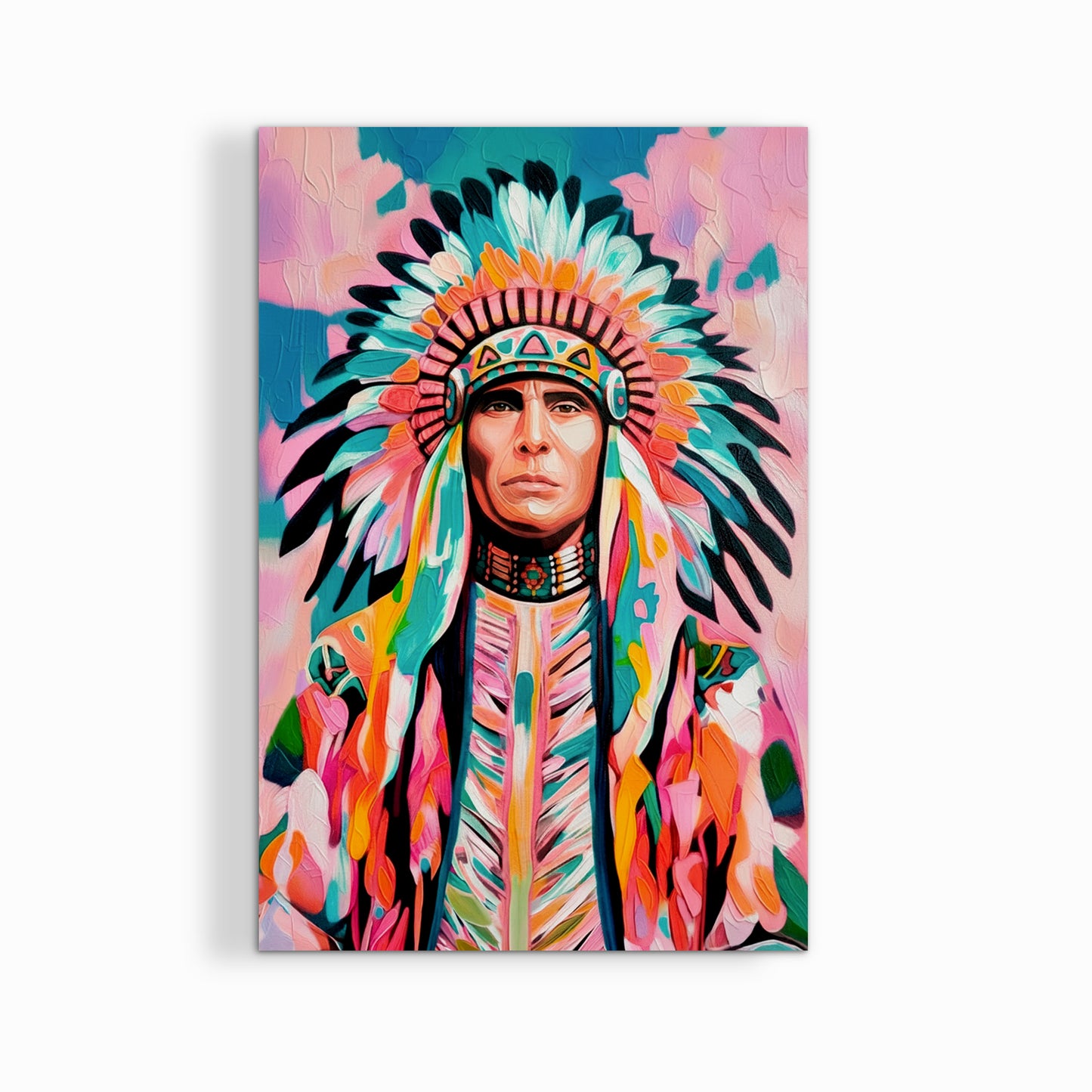 Native American chief canvas print with colorful feather headdress, modern western artwork ready to hang
