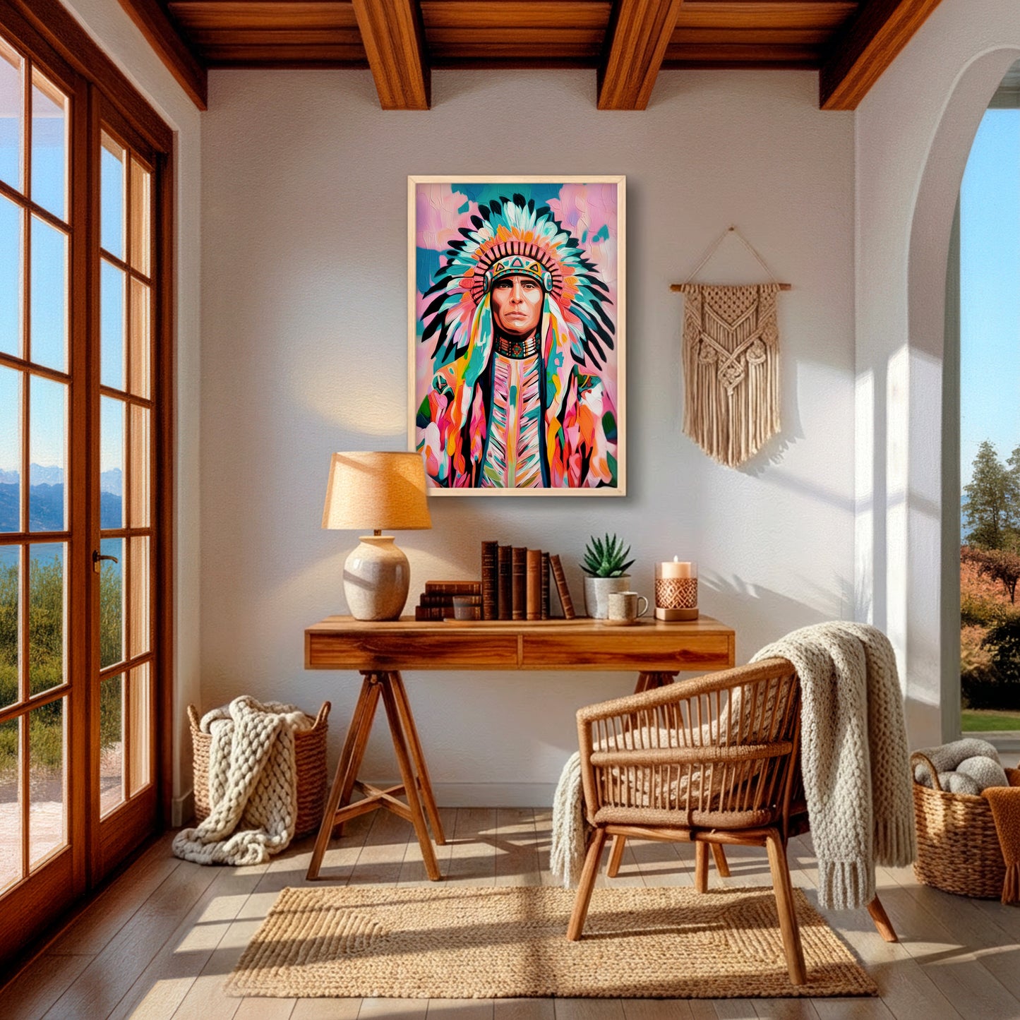 Native American chief wall art displayed in a cozy southwestern home office with wood furniture and soft natural light