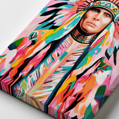 Detailed canvas texture of Native American portrait showing expressive brushwork and layered vibrant color
