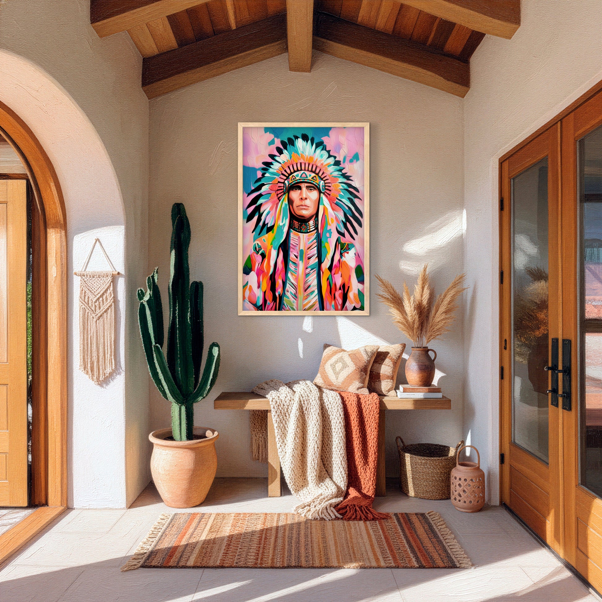 Framed Native American portrait artwork styled in a southwestern entryway with cactus, warm wood, and neutral textures
