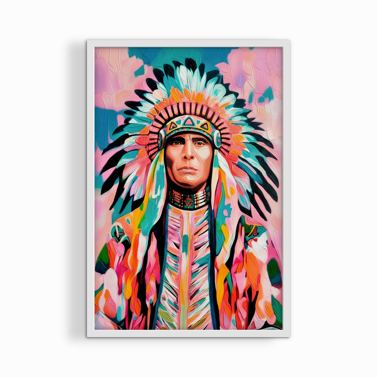 Native American portrait artwork in white frame with bold color and feather headdress, modern southwestern decor