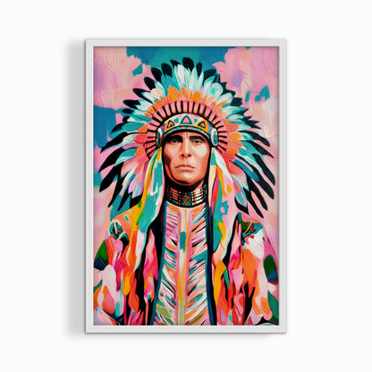 Native American portrait artwork in white frame with bold color and feather headdress, modern southwestern decor
