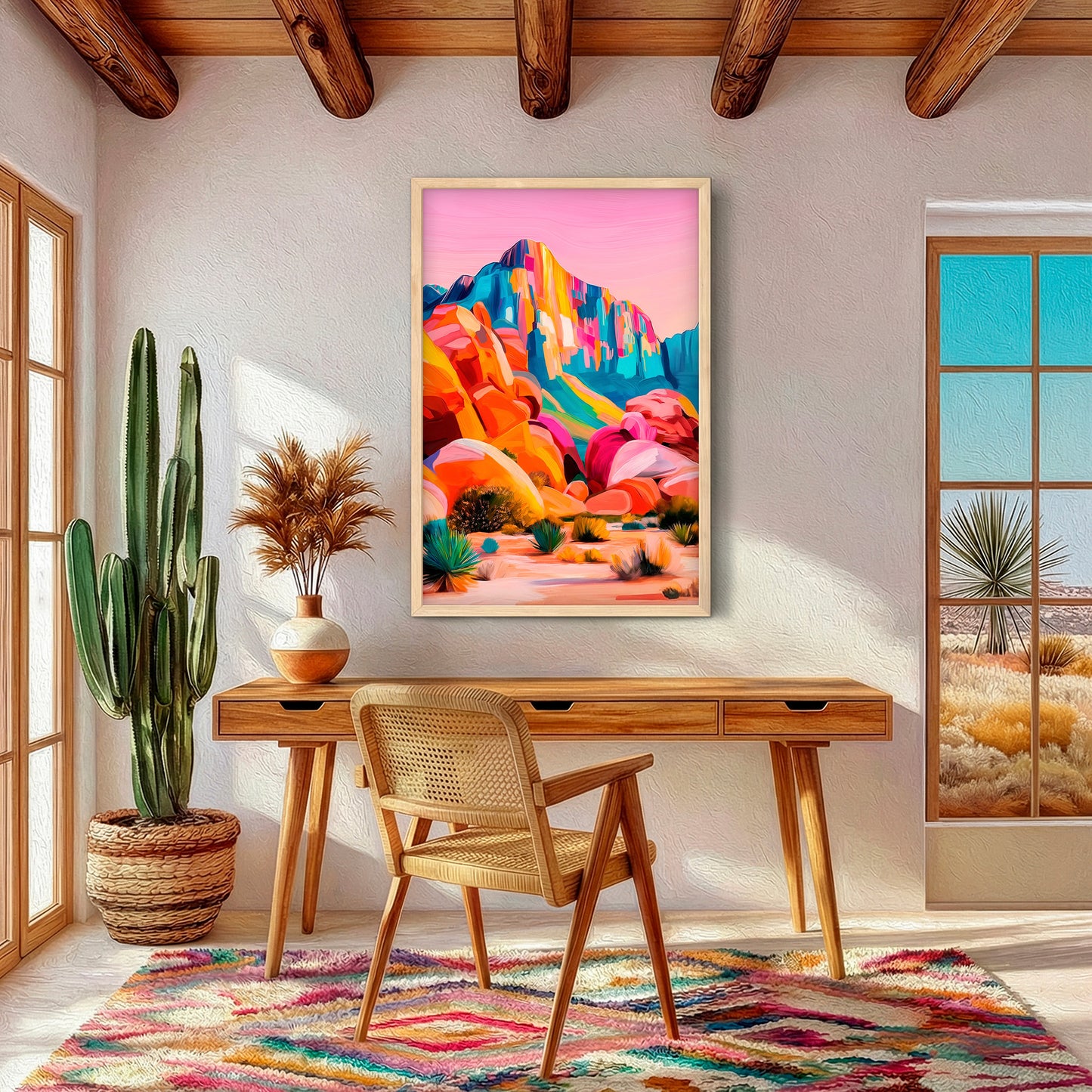 Colorful desert canyon wall art displayed in bright boho western home office with cactus decor and natural wood furniture