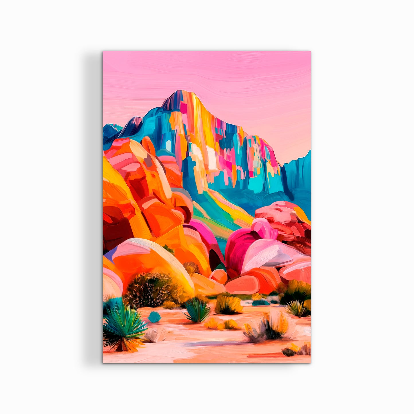 Gallery-wrapped canvas print of colorful desert canyon artwork in modern western boho home decor style
