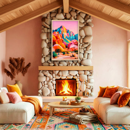Modern western desert wall art above stone fireplace in cozy boho living room with warm southwest decor