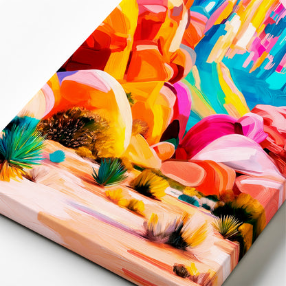 Close-up detail of textured canvas print showing vibrant painterly desert canyon artwork in modern western style