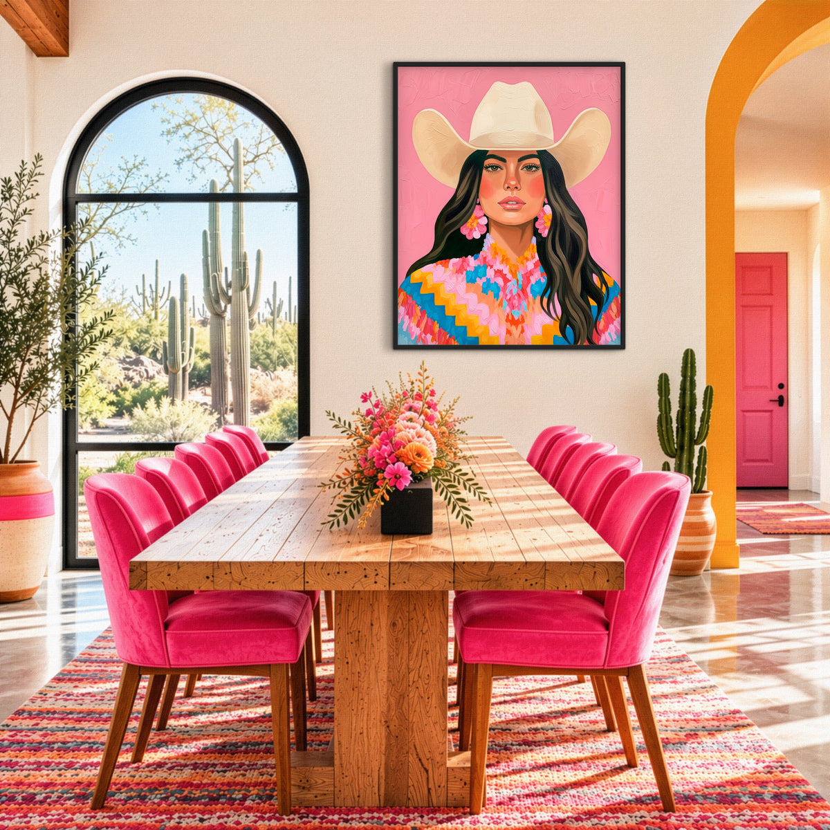 Pink cowgirl wall art displayed in a colorful southwestern dining room with bright pink chairs, a rustic wood table, desert cactus views, and an orange archway.