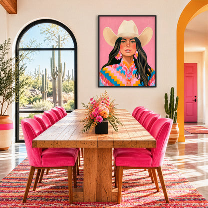 Pink cowgirl wall art displayed in a colorful southwestern dining room with bright pink chairs, a rustic wood table, desert cactus views, and an orange archway.