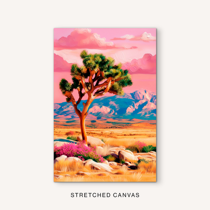 Pink desert landscape canvas art with a Joshua tree, mountain view, colorful wildflowers, and bright western wall decor style.