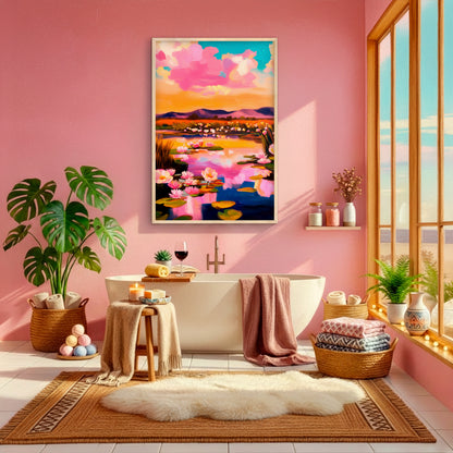 pink floral landscape wall art above bathtub, water lily pond painting in soft feminine boho bathroom decor