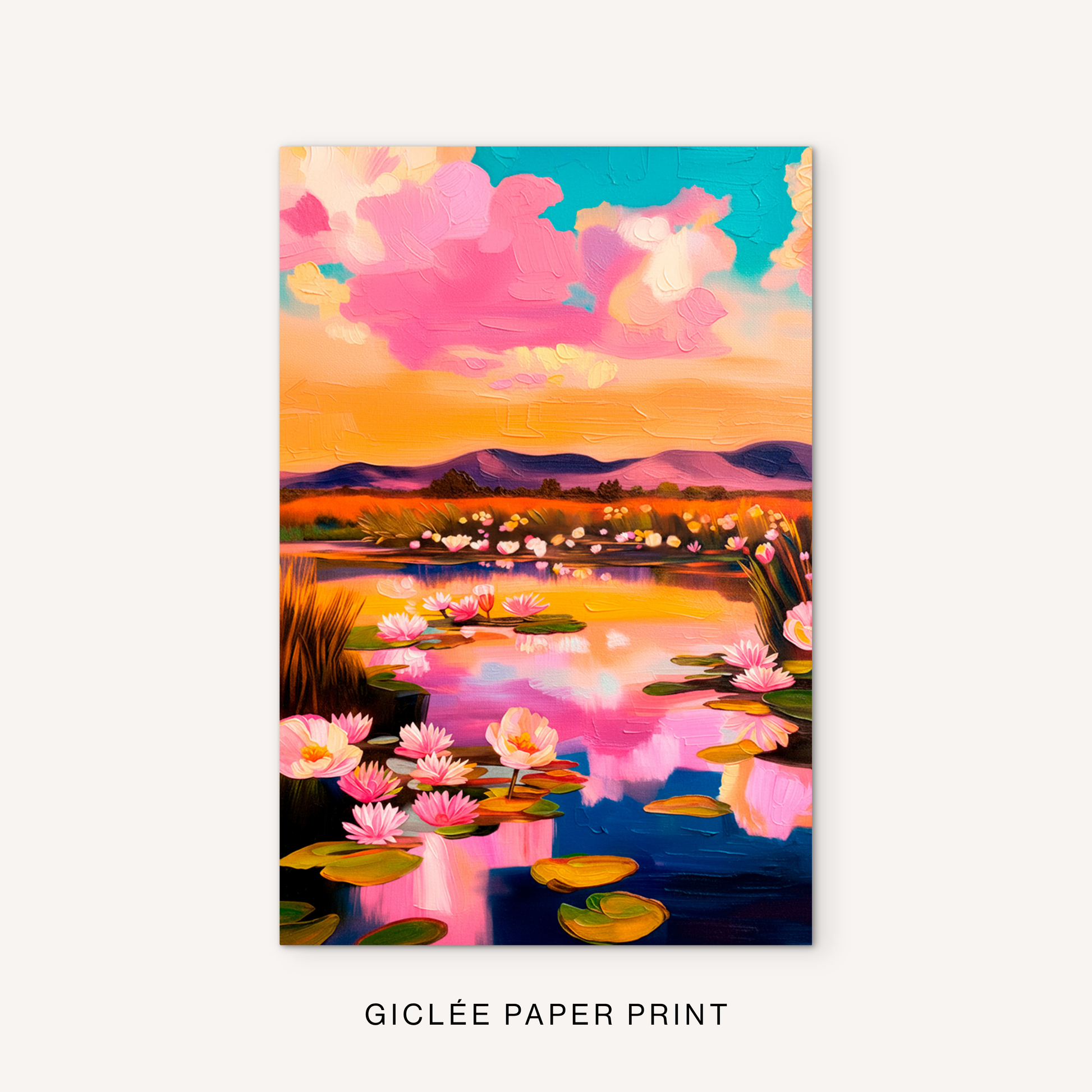 Pink water lily giclée print featuring colorful flowers, a glowing pond, sunset reflections, and a soft mountain landscape.
